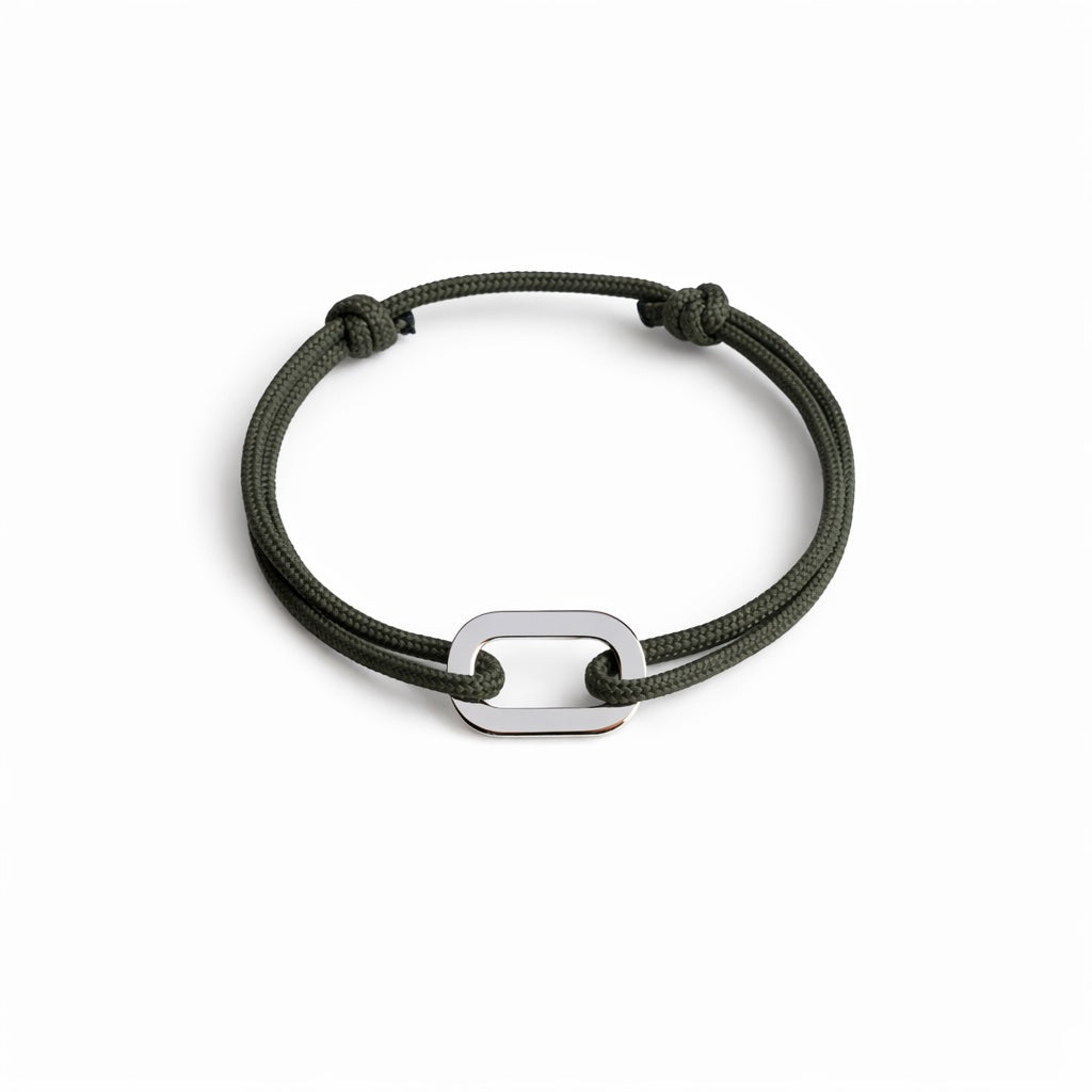 Bracelet Pollux maillon plat en argent avec cordon kaki