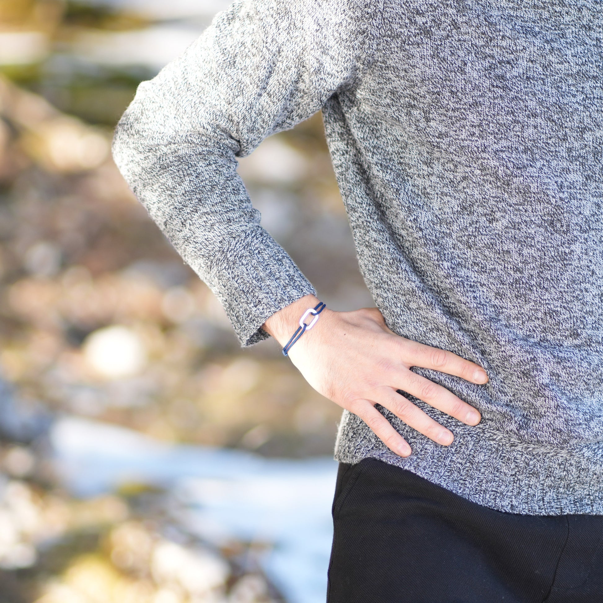 Bracelet Pollux maillon plat en argent avec cordon navy