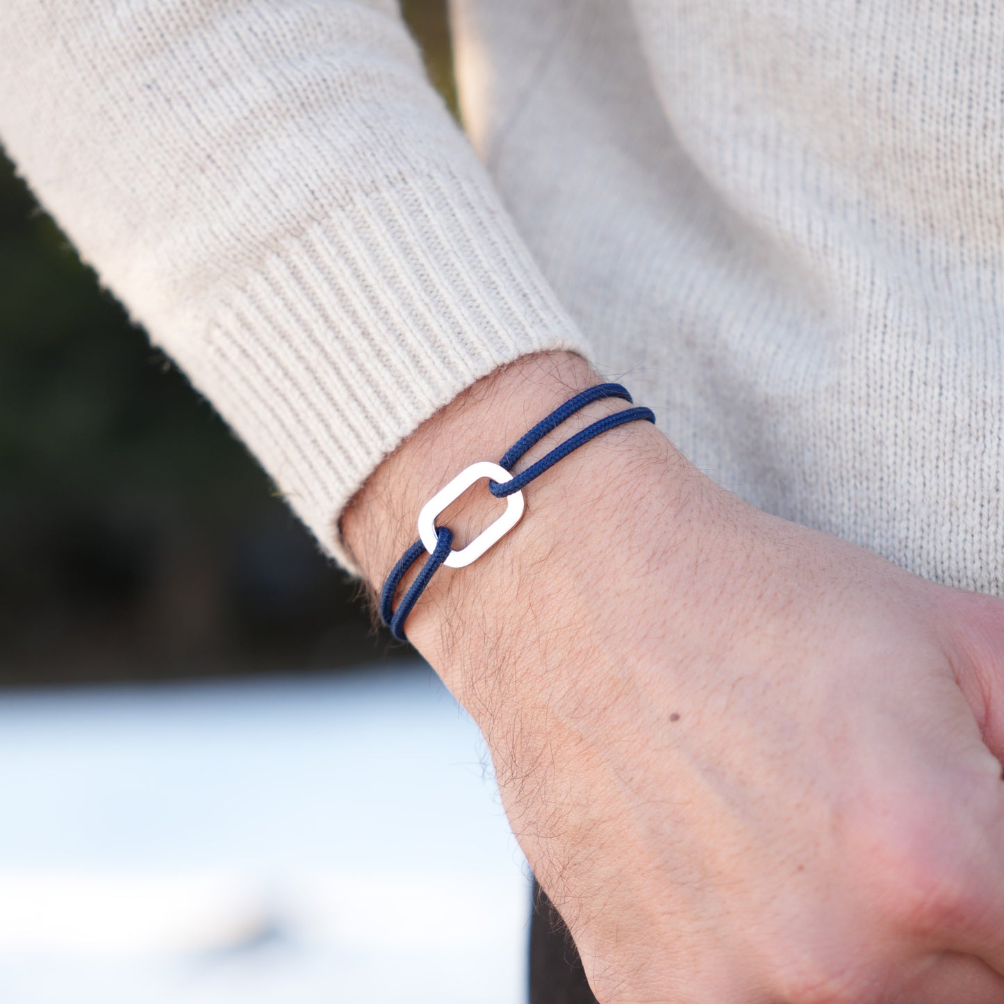 Bracelet Pollux maillon plat en argent avec cordon navy