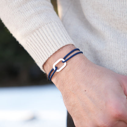 Bracelet Pollux maillon plat en argent avec cordon navy