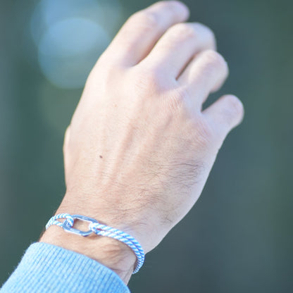 Bracelet Pollux maillon plat en argent avec cordon bleu et blanc