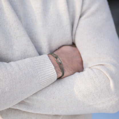 Bracelet Pollux maillon plat en argent avec cordon kaki